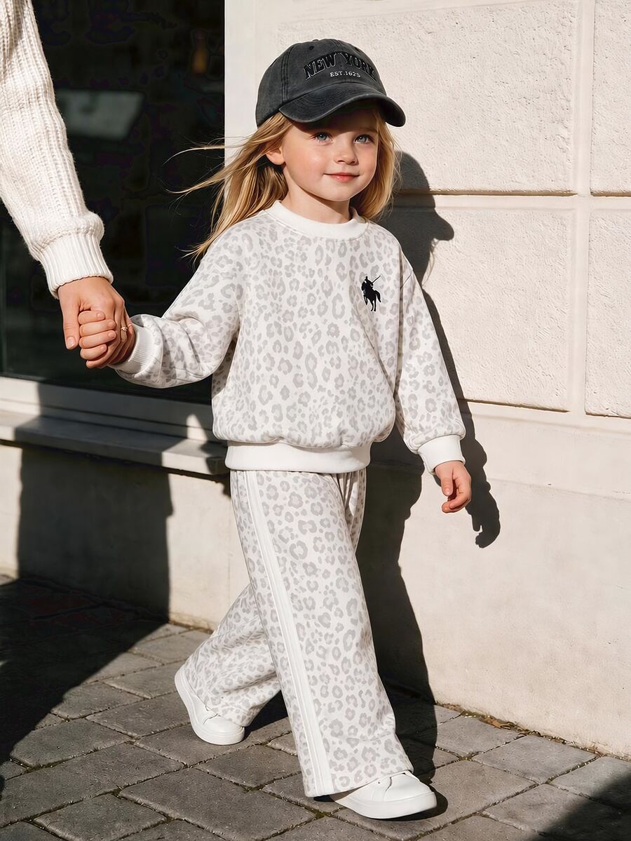 YOUNG GIRL Leopard Print Polo Collar Long Sleeve Top + Side Stripe Long Pants Set, Casual 2 Pieces Outfit Cheetah Print, Birthday White Autumn - Multicolor - View 1