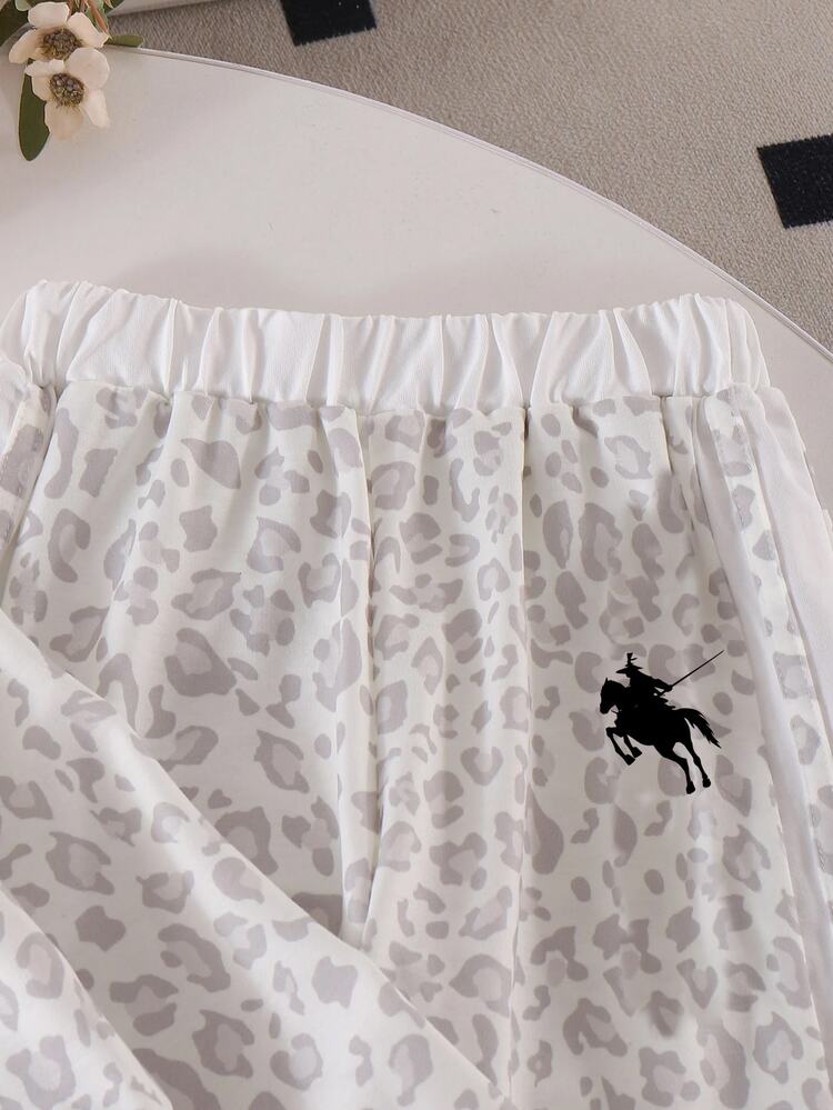 YOUNG GIRL Leopard Print Polo Collar Long Sleeve Top + Side Stripe Long Pants Set, Casual 2 Pieces Outfit Cheetah Print, Birthday White Autumn - Multicolor - View 9