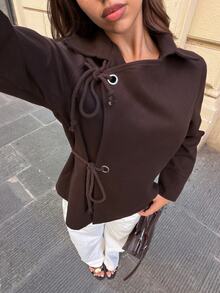 Siren Gaze Women's Dark Brown Belted Overcoat With An Adjustable Drawstring Waist And A Unique Lapel, Ideal For Autumn/Winter. Modern. - Brown - View 7