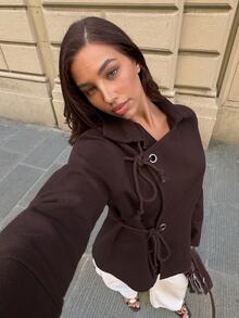 Siren Gaze Women's Dark Brown Belted Overcoat With An Adjustable Drawstring Waist And A Unique Lapel, Ideal For Autumn/Winter. Modern. - Brown - View 8