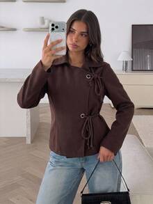 Siren Gaze Women's Dark Brown Belted Overcoat With An Adjustable Drawstring Waist And A Unique Lapel, Ideal For Autumn/Winter. Modern. - Brown - View 4