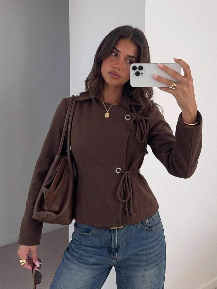 Siren Gaze Women's Dark Brown Belted Overcoat With An Adjustable Drawstring Waist And A Unique Lapel, Ideal For Autumn/Winter. Modern. - Brown - View 1