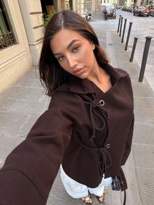 Siren Gaze Women's Dark Brown Belted Overcoat With An Adjustable Drawstring Waist And A Unique Lapel, Ideal For Autumn/Winter. Modern. - Brown - View 3