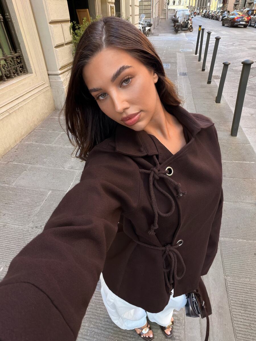 Siren Gaze Women's Dark Brown Belted Overcoat With An Adjustable Drawstring Waist And A Unique Lapel, Ideal For Autumn/Winter. Modern. - Brown - View 1