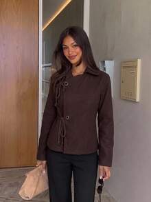 Siren Gaze Women's Dark Brown Belted Overcoat With An Adjustable Drawstring Waist And A Unique Lapel, Ideal For Autumn/Winter. Modern. - Brown - View 5