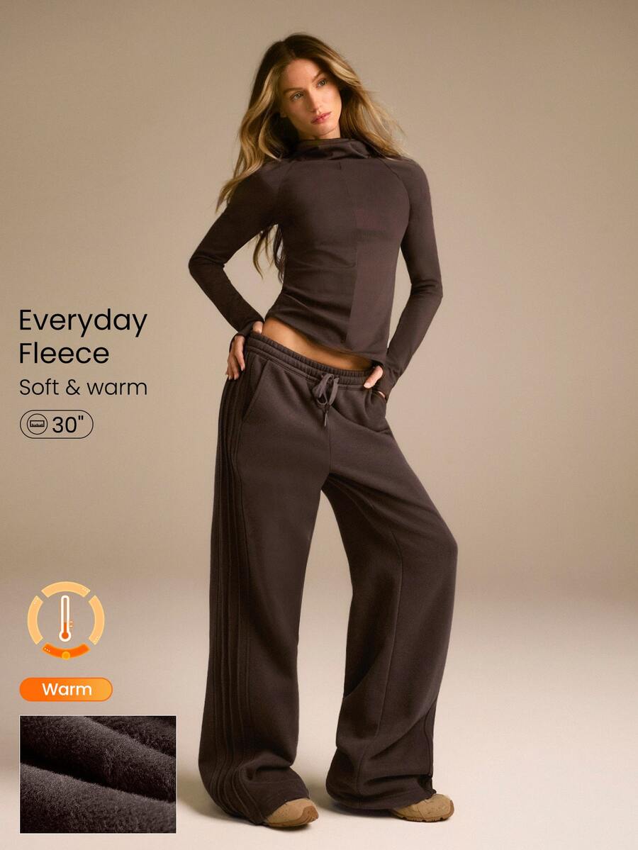 GLOWMODE Everyday Fleece Stay Toasty Soft Warm Lightweight Side Piping Pockets Elastic Waist Drawstring Sweatpants Autumn Winter Daily Casual - Chocolate Brown - View 1