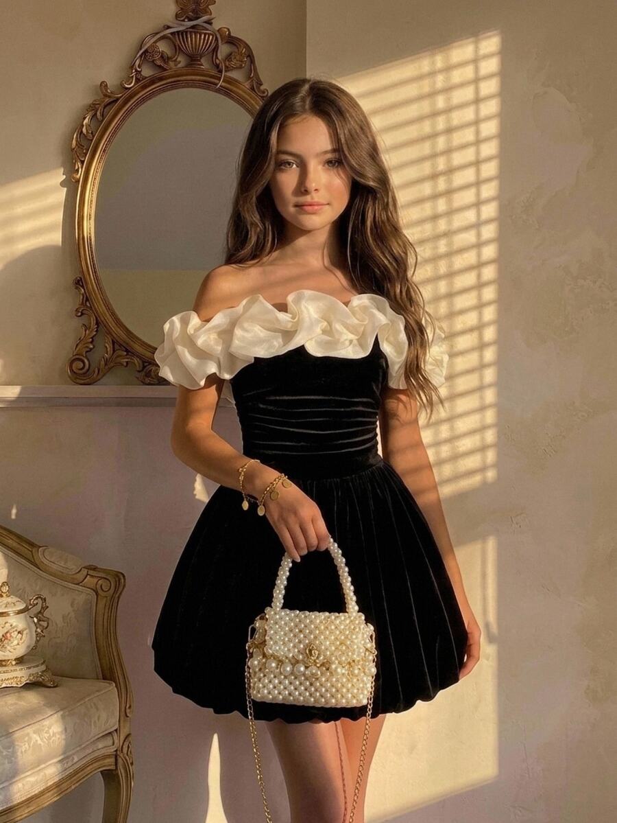 SHEIN Pitira 少女露肩荷葉邊天鵝絨秋季洋裝,黑色奶油色,優雅休閒日常穿搭,秋季穿搭,派對穿搭,女性化,抓皺上身 - 黑色 - 查看 1