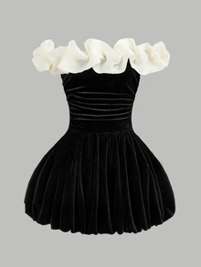 SHEIN Pitira 少女露肩荷葉邊天鵝絨秋季洋裝，黑色奶油色，優雅休閒日常穿搭，秋季穿搭，派對穿搭，女性化，抓皺上身 - 黑色 - 查看 3
