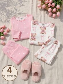 SHEIN 女嬰可愛貓咪圖案荷葉邊圓領長袖褲裝 柔軟舒適親膚家居睡衣套裝 4件組 - 彩色 - 查看 8