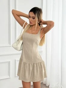 Easowa Square Neck Waist-Cinching Ruffle Hem A-Line Sleeveless Tank Dress, Casual Relaxed Elegant Commute Vacation Spring Summer Women's Mid-Length Dress - Apricot - View 7
