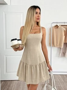 Easowa Square Neck Waist-Cinching Ruffle Hem A-Line Sleeveless Tank Dress, Casual Relaxed Elegant Commute Vacation Spring Summer Women's Mid-Length Dress - Apricot - View 4