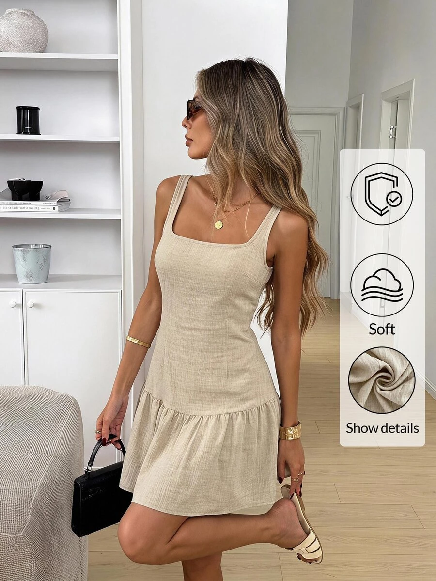 Easowa Square Neck Waist-Cinching Ruffle Hem A-Line Sleeveless Tank Dress, Casual Relaxed Elegant Commute Vacation Spring Summer Women's Mid-Length Dress - Apricot - View 1
