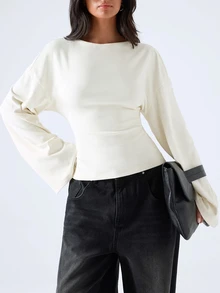 LYSMO Women's Solid Color Round Neck Drop Shoulder Long Sleeve Casual T-Shirt Brunch Cream White Autumn - Beige - View 5