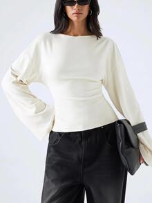 LYSMO Women's Solid Color Round Neck Drop Shoulder Long Sleeve Casual T-Shirt Brunch Cream White Autumn - Beige - View 2