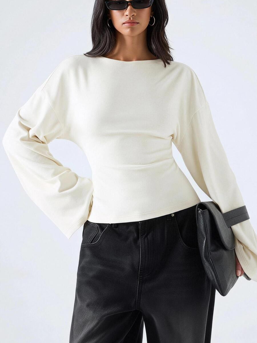 LYSMO Women's Solid Color Round Neck Drop Shoulder Long Sleeve Casual T-Shirt Brunch Cream White Autumn