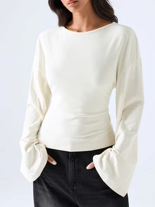 LYSMO Women's Solid Color Round Neck Drop Shoulder Long Sleeve Casual T-Shirt Brunch Cream White Autumn - Beige - View 9