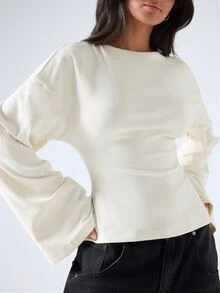 LYSMO Women's Solid Color Round Neck Drop Shoulder Long Sleeve Casual T-Shirt Brunch Cream White Autumn - Beige - View 8