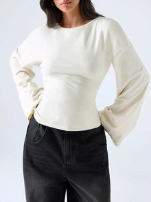 LYSMO Women's Solid Color Round Neck Drop Shoulder Long Sleeve Casual T-Shirt Brunch Cream White Autumn - Beige - View 7