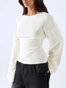 LYSMO Women's Solid Color Round Neck Drop Shoulder Long Sleeve Casual T-Shirt Brunch Cream White Autumn - Beige - View 6