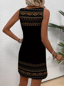 SHEIN LUNE Women's Vacation Geometric Print Casual Boho Round Neck Sleeveless Dress Vacation Black Polkadot Summer Vacation - Black - View 2