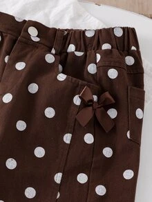 SHEIN Elladie kids 女童秋冬可愛波點印花側邊蝴蝶結裝飾寬腿牛仔褲 鬆緊腰鬆垮牛仔長褲 秋季服飾 - 棕色 - 查看 6