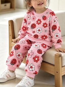 THE HAPPY LOOK 2pcs/Set Young Girl Ladybug Pattern Knit Soft Crew Neck Long Sleeve Pullover Sweatshirt And Elastic Waist Pants - Multicolor - View 5