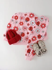 THE HAPPY LOOK 2pcs/Set Young Girl Ladybug Pattern Knit Soft Crew Neck Long Sleeve Pullover Sweatshirt And Elastic Waist Pants - Multicolor - View 2