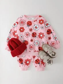 THE HAPPY LOOK 2pcs/Set Young Girl Ladybug Pattern Knit Soft Crew Neck Long Sleeve Pullover Sweatshirt And Elastic Waist Pants - Multicolor - View 3