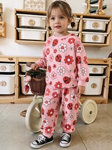 THE HAPPY LOOK 2pcs/Set Young Girl Ladybug Pattern Knit Soft Crew Neck Long Sleeve Pullover Sweatshirt And Elastic Waist Pants - Multicolor - View 6