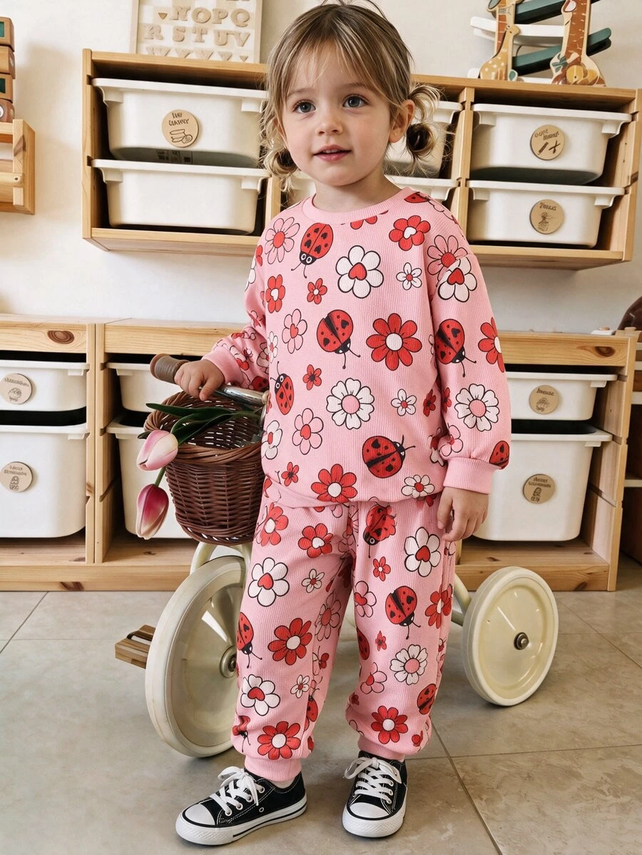 THE HAPPY LOOK 2pcs/Set Young Girl Ladybug Pattern Knit Soft Crew Neck Long Sleeve Pullover Sweatshirt And Elastic Waist Pants - Multicolor - View 1