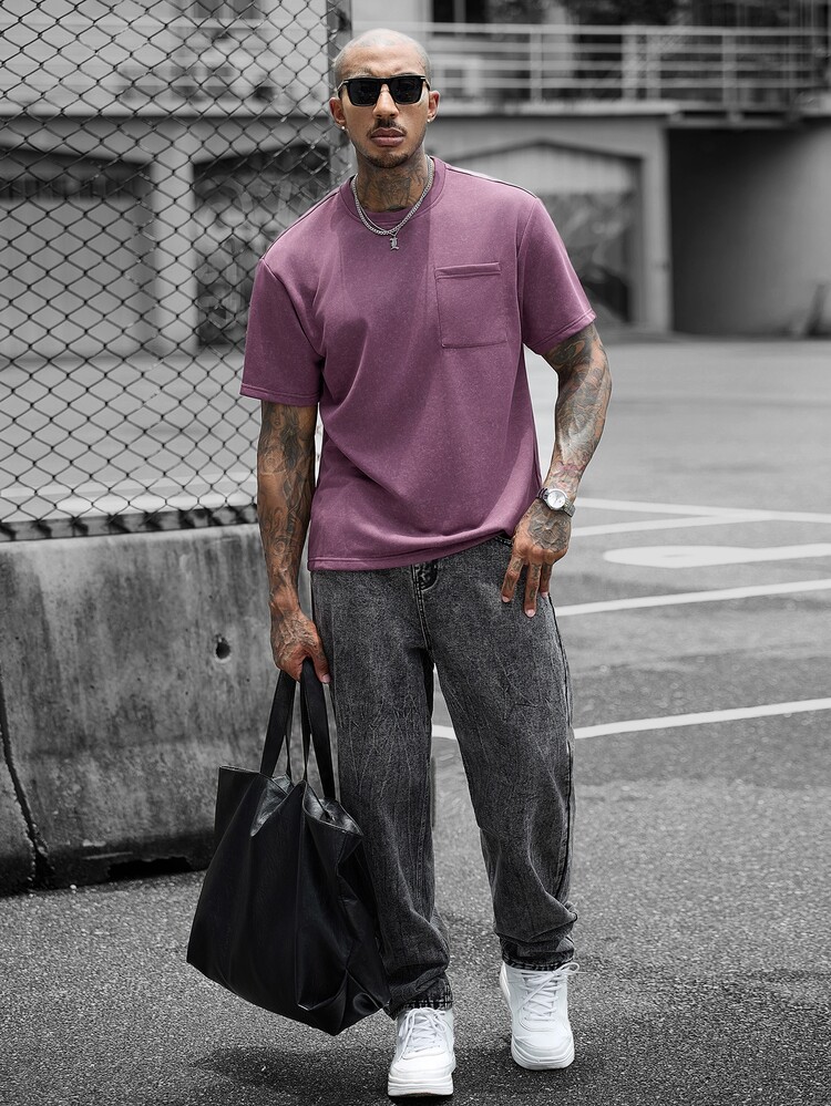 SLATEMANN Men's Best-Selling Comfortable Sand-Washed T-Shirt Fabric, Single Pocket Small Round Neck Short Sleeve T-Shirt, Suitable For Formal Or Informal Occasions, Casual Vacation, Dining And Gathering, Minimalist Office, Versatile Home Wear, Perfect For Yourself Or As A Gift For Friends, Hot-Selling Yamamoto Single T - Purple - View 5