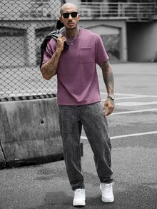 SLATEMANN 男士熱銷舒適砂洗面料單口袋小圓領短袖T恤，適合正式或非正式場合、休閒度假、用餐聚會、極簡辦公與居家穿搭，適合自用或送禮給朋友，熱銷山本單件T恤 - 紫色 - 查看 6