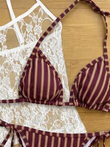 Elavelle 3pcs/Set Random Print Halter Bikini Set For Women, Spring/Summer - Multicolor - View 6