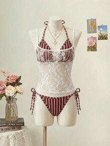 Elavelle 3pcs/Set Random Print Halter Bikini Set For Women, Spring/Summer - Multicolor - View 3