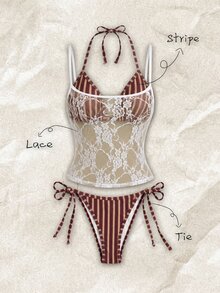 Elavelle 3pcs/Set Random Print Halter Bikini Set For Women, Spring/Summer - Multicolor - View 1
