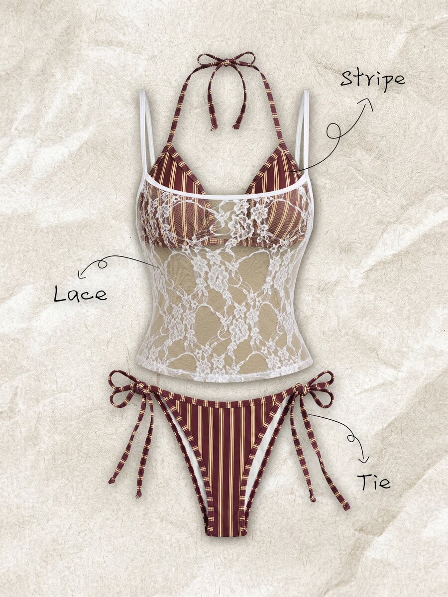Elavelle 3pcs/Set Random Print Halter Bikini Set For Women, Spring/Summer - Multicolor - View 1
