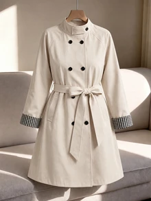 EMERY ROSE Plus Size Women's Casual Solid Color High Neck Raglan Long Sleeve Patchwork Plaid Cuff Double-Breasted Belted Regular Fit Trench Coat, Suitable For Autumn/Winter Commuting, Office And Street Wear - Apricot - View 1