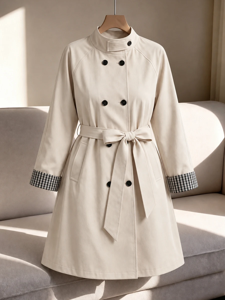 EMERY ROSE Plus Size Women's Casual Solid Color High Neck Raglan Long Sleeve Patchwork Plaid Cuff Double-Breasted Belted Regular Fit Trench Coat, Suitable For Autumn/Winter Commuting, Office And Street Wear - Apricot - View 1