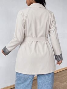 EMERY ROSE Plus Size Women's Casual Solid Color High Neck Raglan Long Sleeve Patchwork Plaid Cuff Double-Breasted Belted Regular Fit Trench Coat, Suitable For Autumn/Winter Commuting, Office And Street Wear - Apricot - View 2