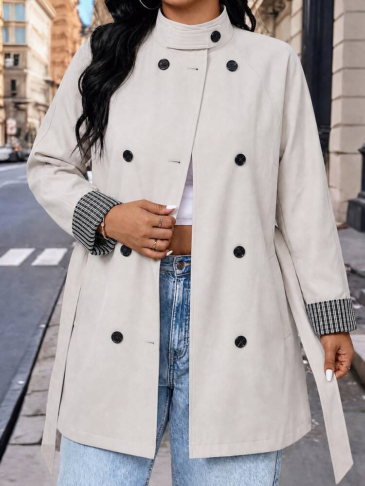 EMERY ROSE Plus Size Women's Casual Solid Color High Neck Raglan Long Sleeve Patchwork Plaid Cuff Double-Breasted Belted Regular Fit Trench Coat, Suitable For Autumn/Winter Commuting, Office And Street Wear - Apricot - View 4