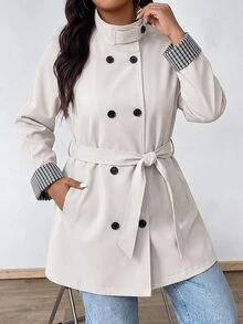 EMERY ROSE Plus Size Women's Casual Solid Color High Neck Raglan Long Sleeve Patchwork Plaid Cuff Double-Breasted Belted Regular Fit Trench Coat, Suitable For Autumn/Winter Commuting, Office And Street Wear - Apricot - View 6