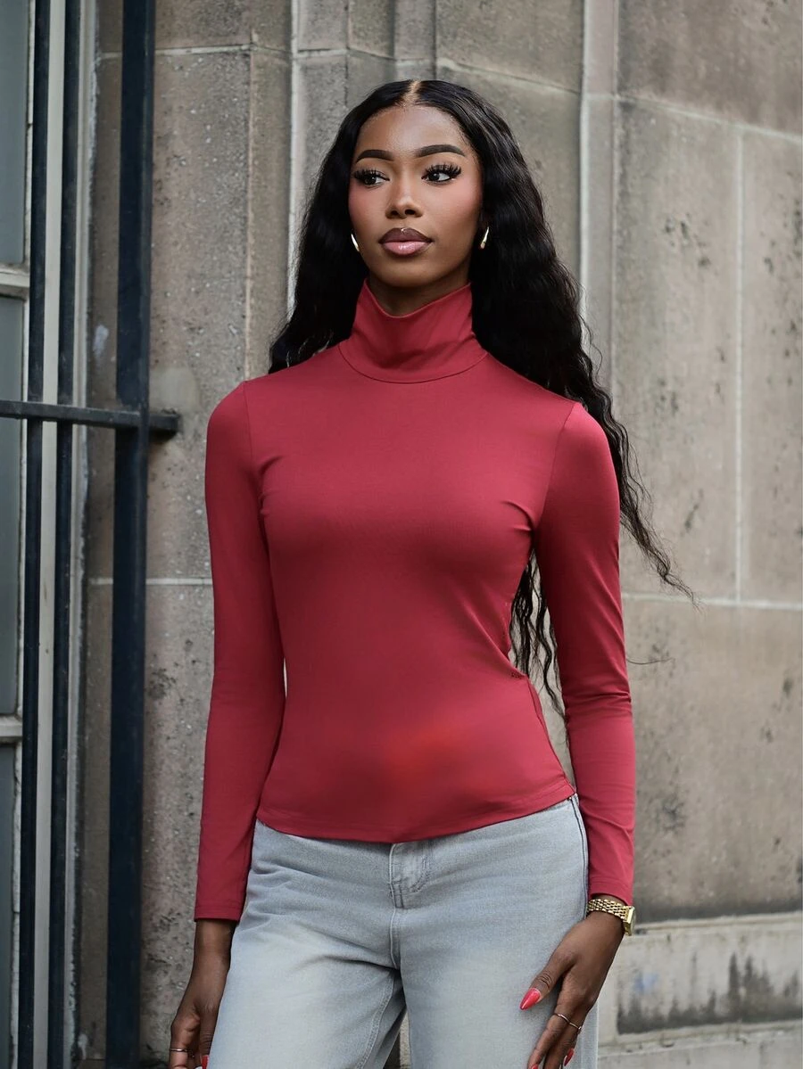Mima John MOCK NECK SLIM FIT T-SHIRT - Burgundy - View 1