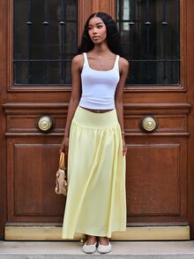 Mima John Women's Plain Zip Up Gathered Casual Yellow Skirt, Summer Winter Spring - Yellow - View 6