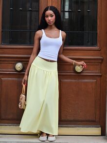 Mima John Women's Plain Zip Up Gathered Casual Yellow Skirt, Summer Winter Spring - Yellow - View 5