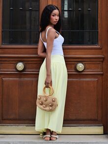 Mima John Women's Plain Zip Up Gathered Casual Yellow Skirt, Summer Winter Spring - Yellow - View 2