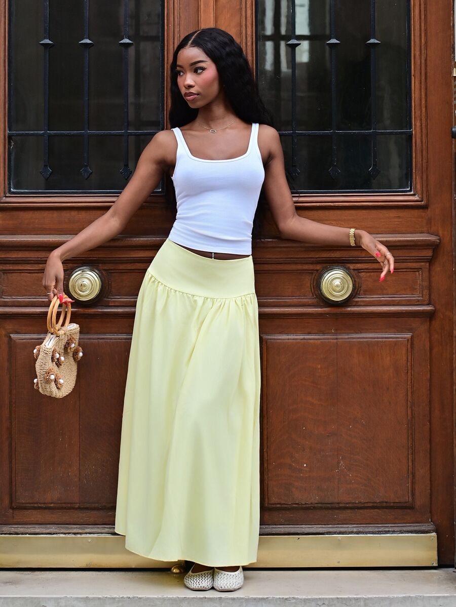 Mima John Women's Plain Zip Up Gathered Casual Yellow Skirt, Summer Winter Spring - Yellow - View 1