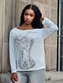 Mima John Women's Oblique Shoulder Long Sleeve Printed 2 In 1 Korean Style Top Oversized - White - View 1
