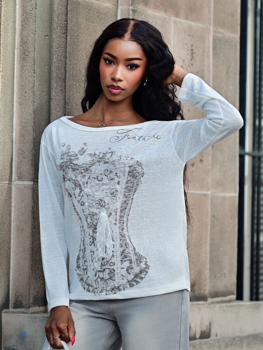 Mima John Women's Oblique Shoulder Long Sleeve Printed 2 In 1 Korean Style Top Oversized - White - View 1
