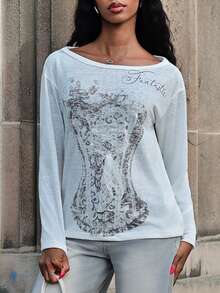 Mima John Women's Oblique Shoulder Long Sleeve Printed 2 In 1 Korean Style Top Oversized - White - View 3
