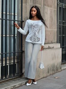 Mima John Women's Oblique Shoulder Long Sleeve Printed 2 In 1 Korean Style Top Oversized - White - View 4